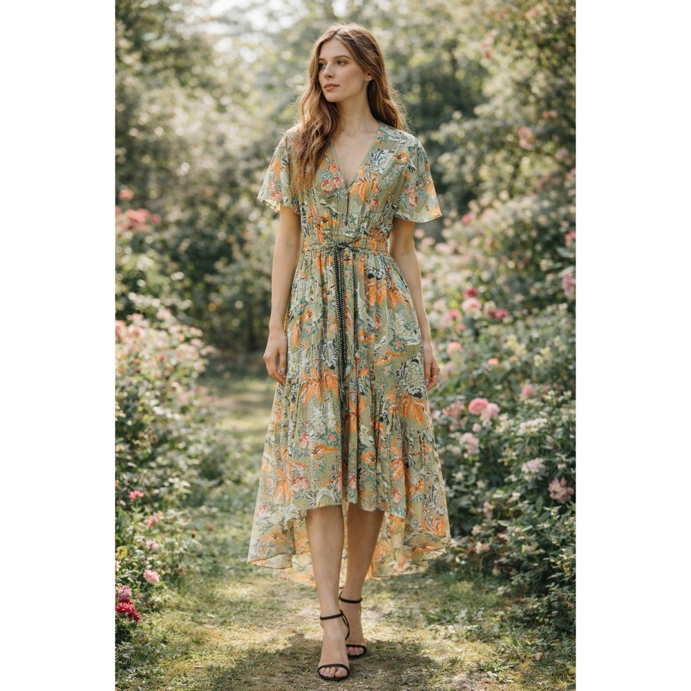 Peter Pilotto Floral‎ Midi Dress Sz 8 Cotton Gathered Waist Wedding Guest Garden